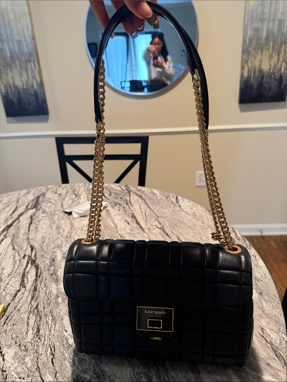 kate spade Black Quilted Leather Shoulder Bag with Gold Chain